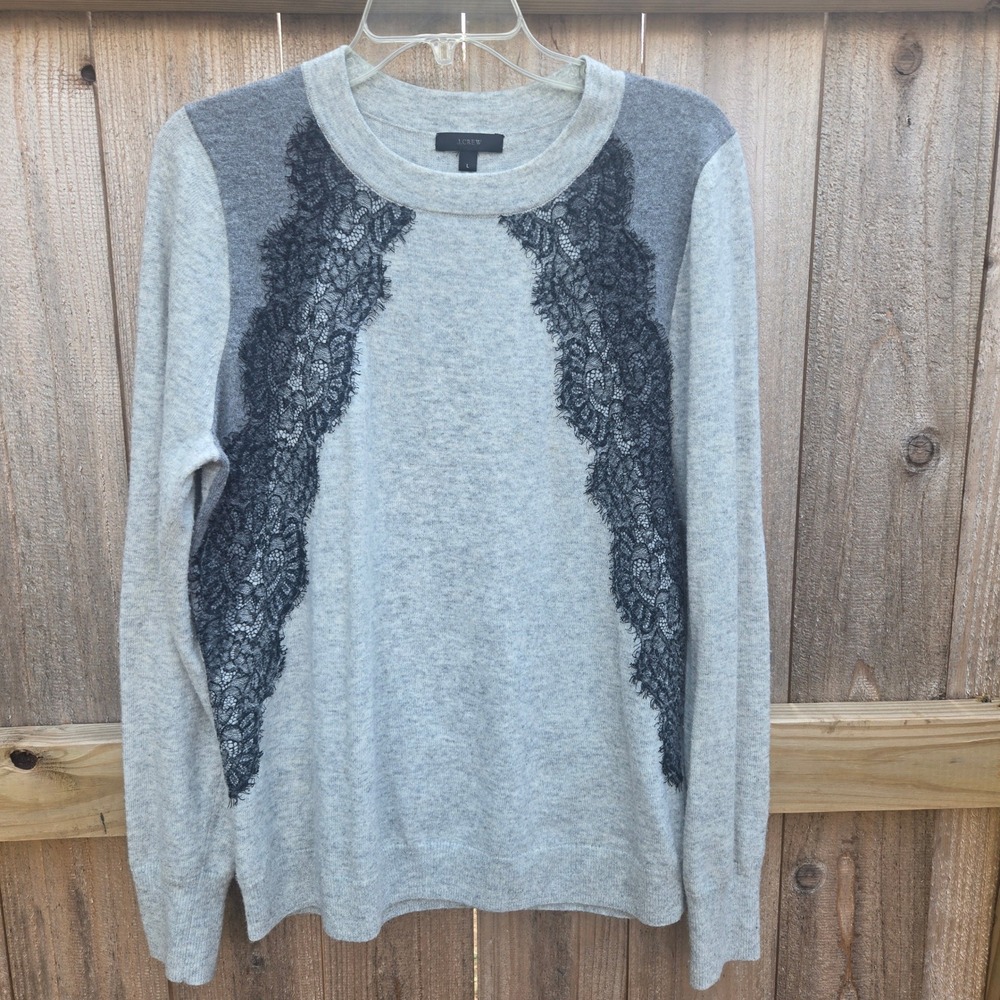 J.Crew Gray Wool Blend Lace Overlay Crewneck Sweater Large RN77388 Grandmacore